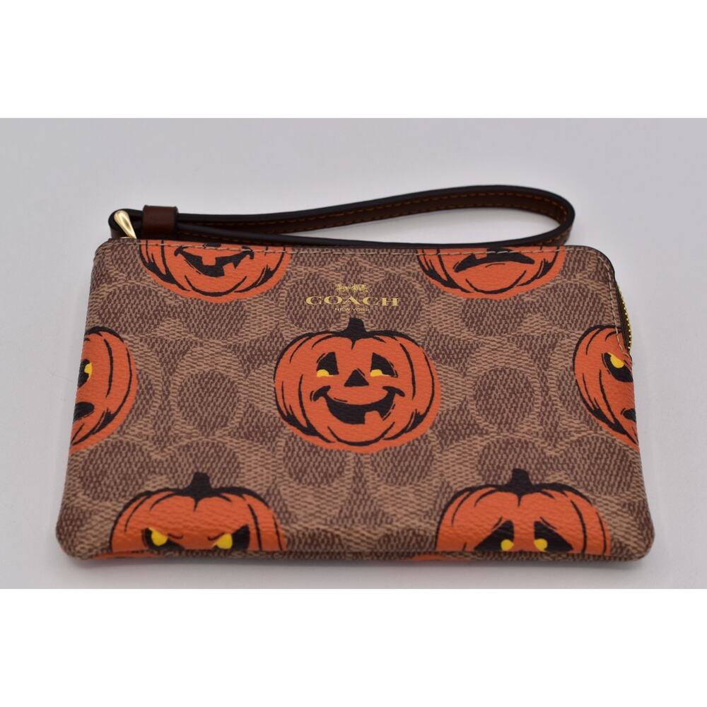 Coach Corner Zip Wristlet In Signature Canvas With Halloween Print Pumpkin NWT - Picture 8 of 16
